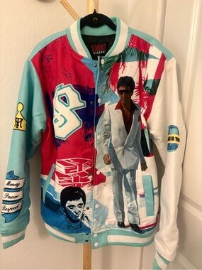 Universal Scarface Graphic Bomber Jacket in Aqua, Red, White
